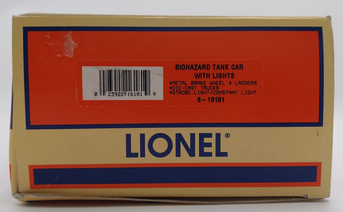 Lionel 6-16181 O Gauge Biohazard Tank Car With Lights LN/Box
