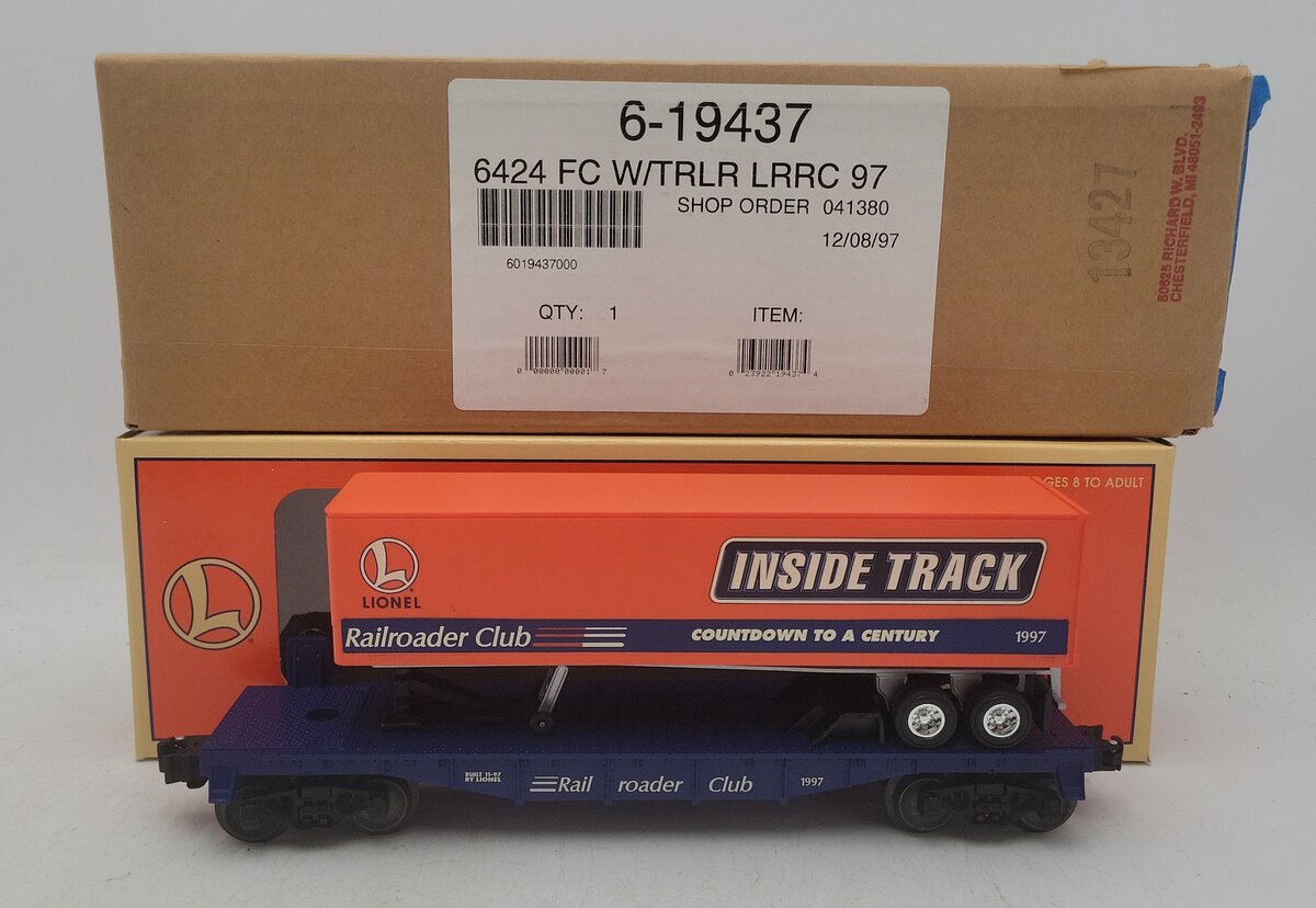 Lionel 6-19437 O Gauge Lionel Rail Roader Club Flatcar w/Inside Track Trailer EX/Box