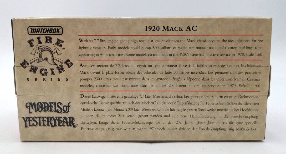 Matchbox YFE01 1:43 Scale Diecast Models of Yesteryear 1920 Mack AC Fire Engine EX/Box