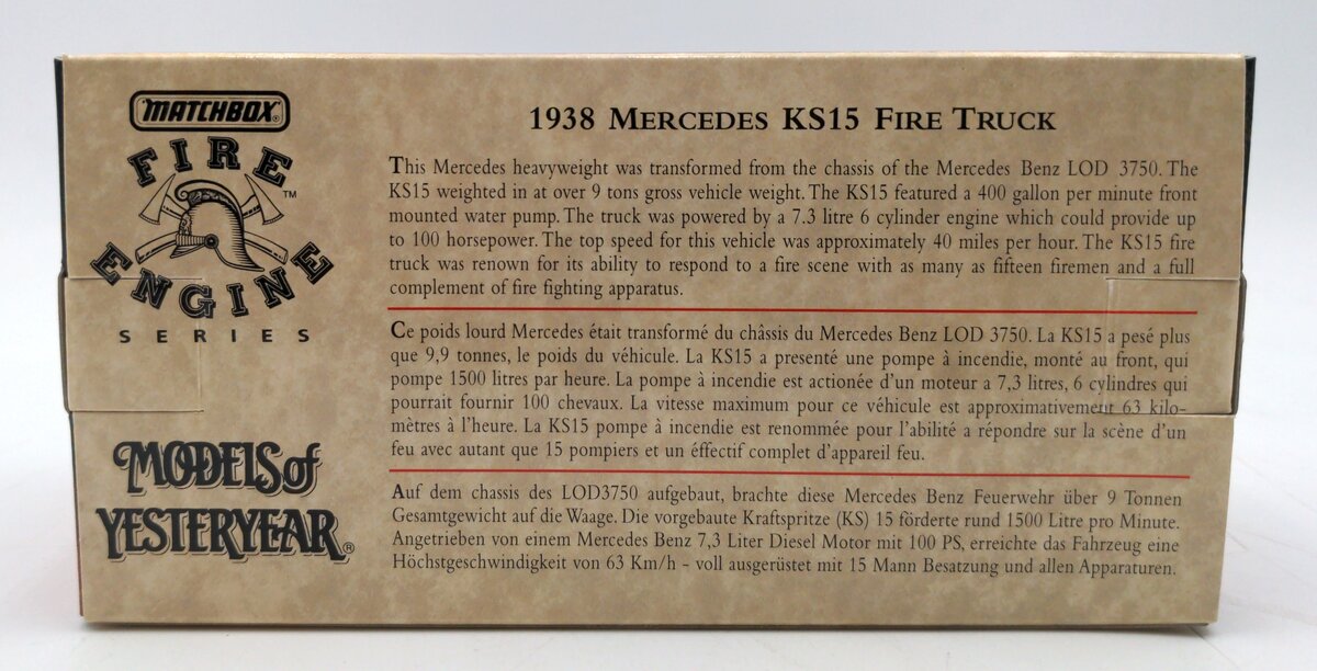 Matchbox YFE07-M 1:43 Scale Diecast 1938 Mercedes KS15 Fire Truck LN/Box