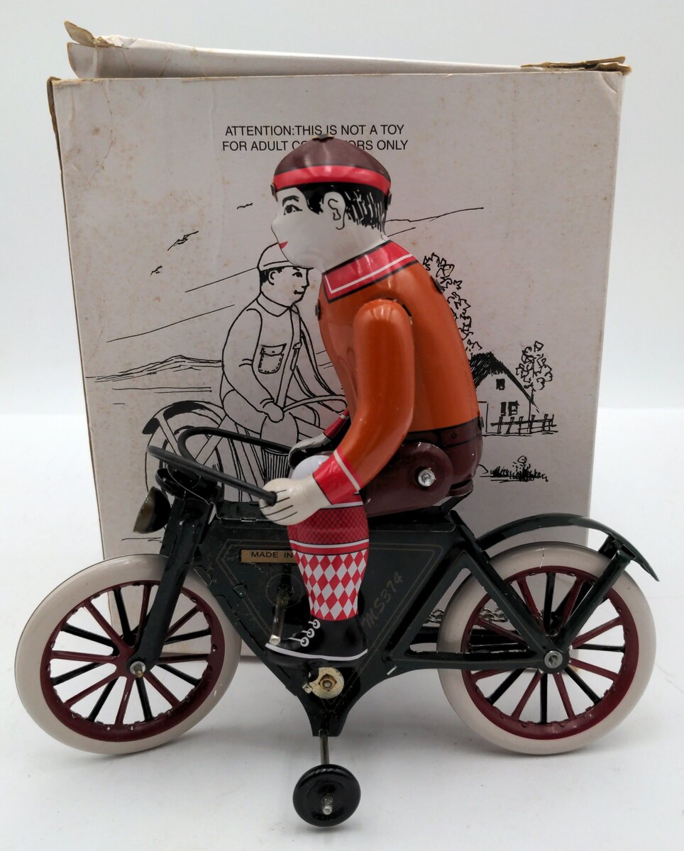 MS374 Clockwork Bicycle Tin Toy Boy On Bike EX/Box