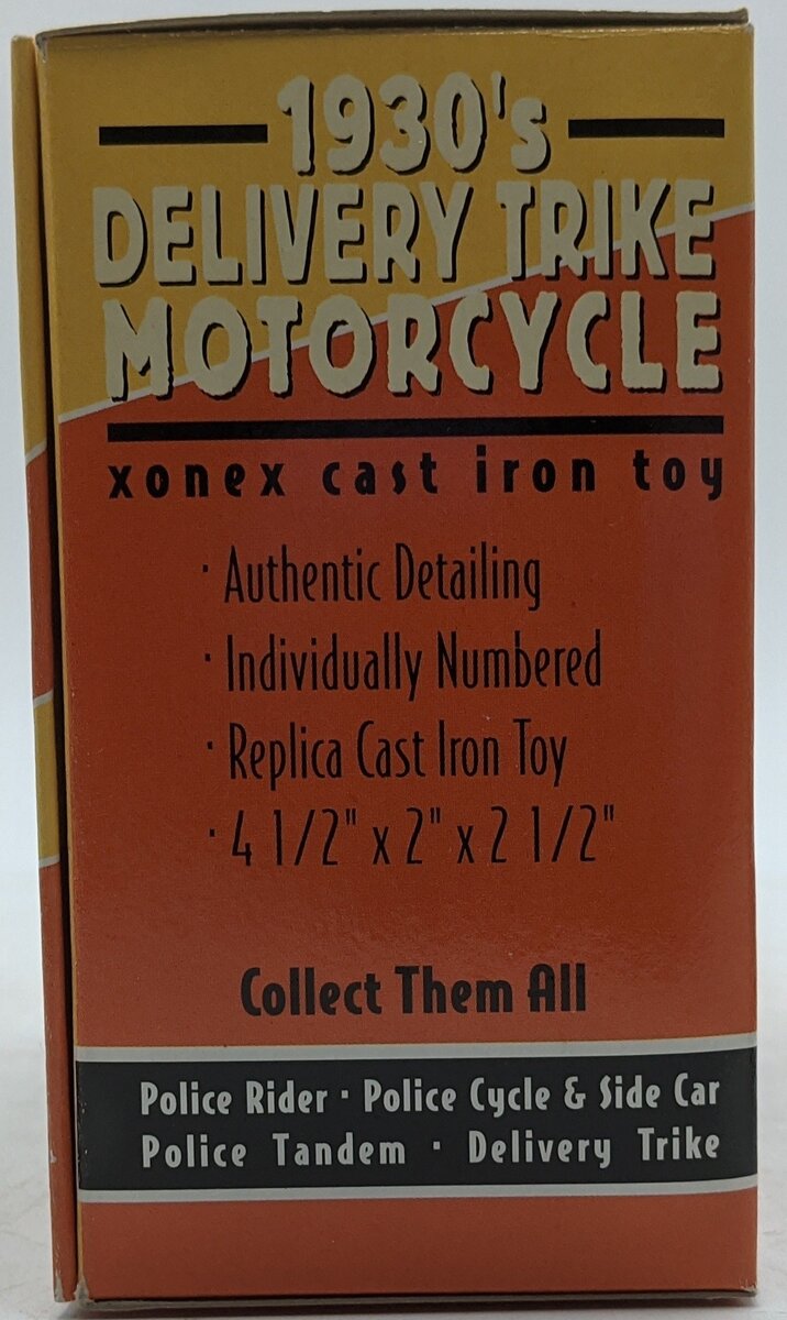 Xonex 12930 Diecast 1930's Delivery Trike Motorcycle Cast Iron Replica NIB
