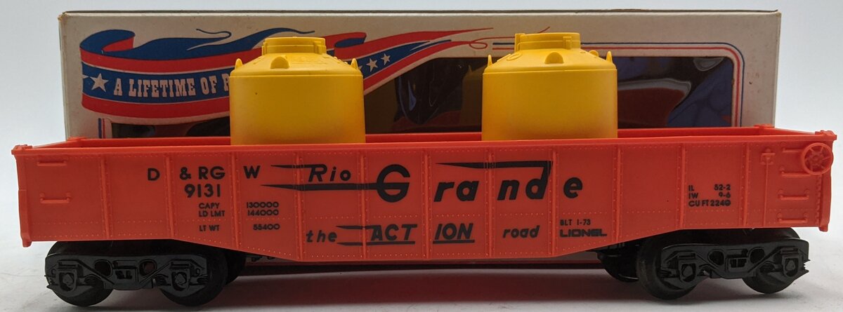 Lionel 6-9131 O Gauge Denver and Rio Grande Western Long Gondola with Cannisters VG/Box