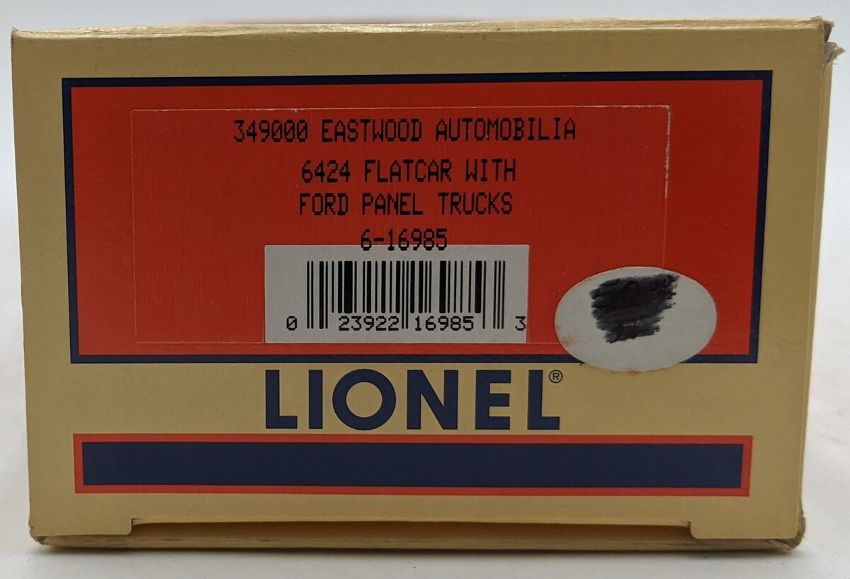 Lionel 6-16985 O Gauge Eastwood Automobilia Flatcar w/ Ford Panel Trucks #6424 NIB