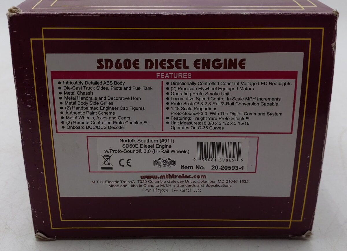 MTH 20-20593-1 O Gauge Norfolk Southern SD60E Diesel Engine #911 w/PS 3.0 EX/Box
