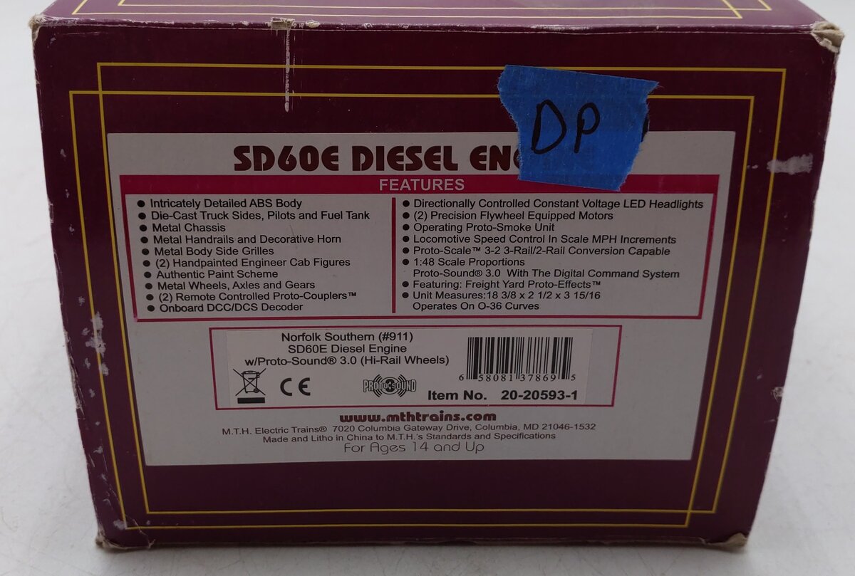 MTH 20-20593-1 O Gauge Norfolk Southern SD60E Diesel Engine #911 w/PS 3.0 EX/Box