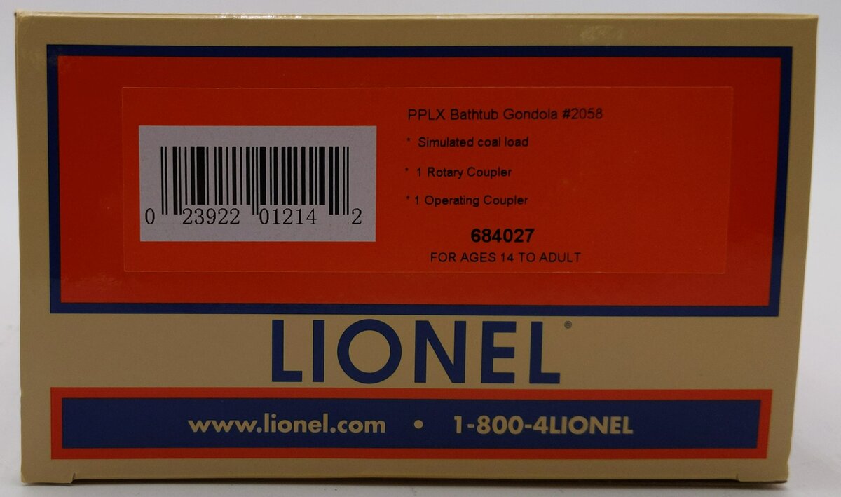 Lionel 684027 O Gauge PPLX Bathtub Gondola w/ Simulated Coal Load #2058 LN/Box