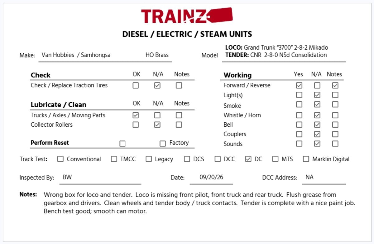 Van Hobbies HO BRASS Grand Trunk 3700 2-8-2 Mikado & CNR Tender