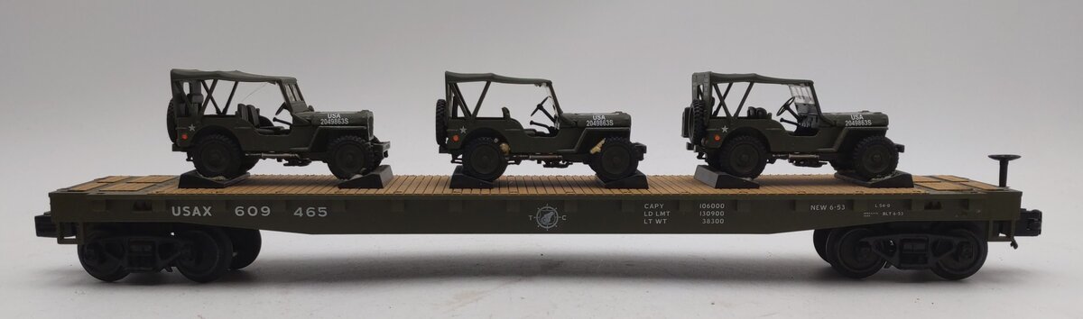 MTH 20-95425 O U.S. Army Flatcar w/(3) Military Transport Vehicles #609465 EX