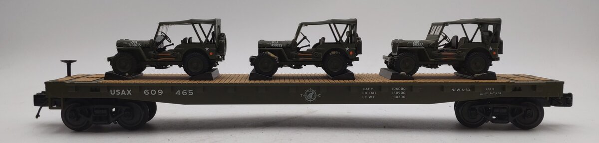 MTH 20-95425 O U.S. Army Flatcar w/(3) Military Transport Vehicles #609465 EX