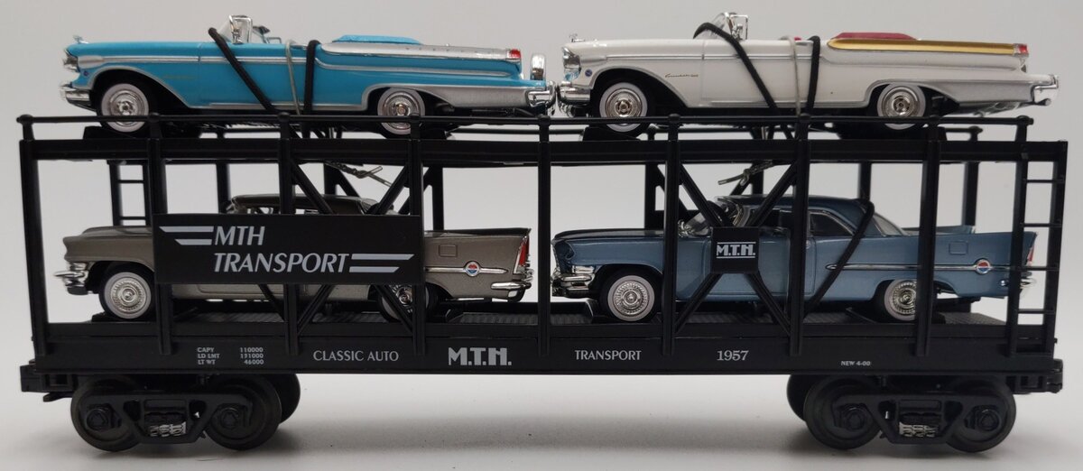 MTH 30-7676 O Gauge MTH Auto Carrier w/ 4 Ertl 1957 Automobiles EX