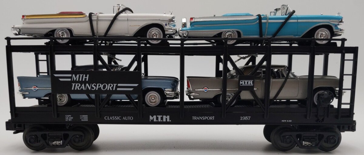MTH 30-7676 O Gauge MTH Auto Carrier w/ 4 Ertl 1957 Automobiles EX