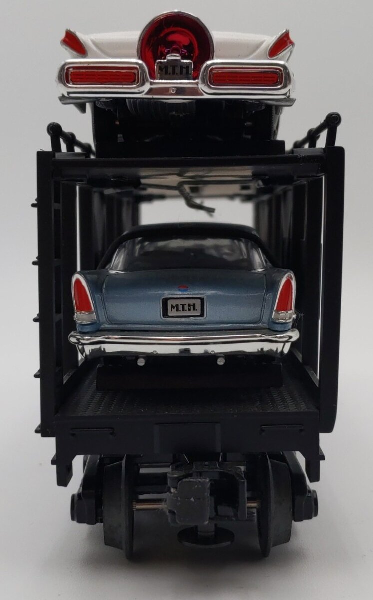 MTH 30-7676 O Gauge MTH Auto Carrier w/ 4 Ertl 1957 Automobiles EX