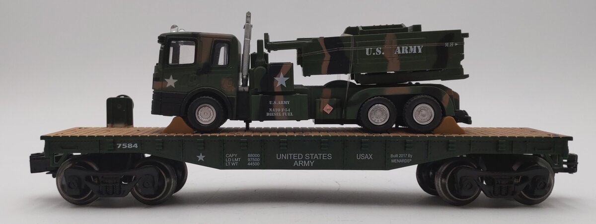 Menards 279-3964 O Gauge US Army Flatcar w/ Army Truck & HIMARS EX