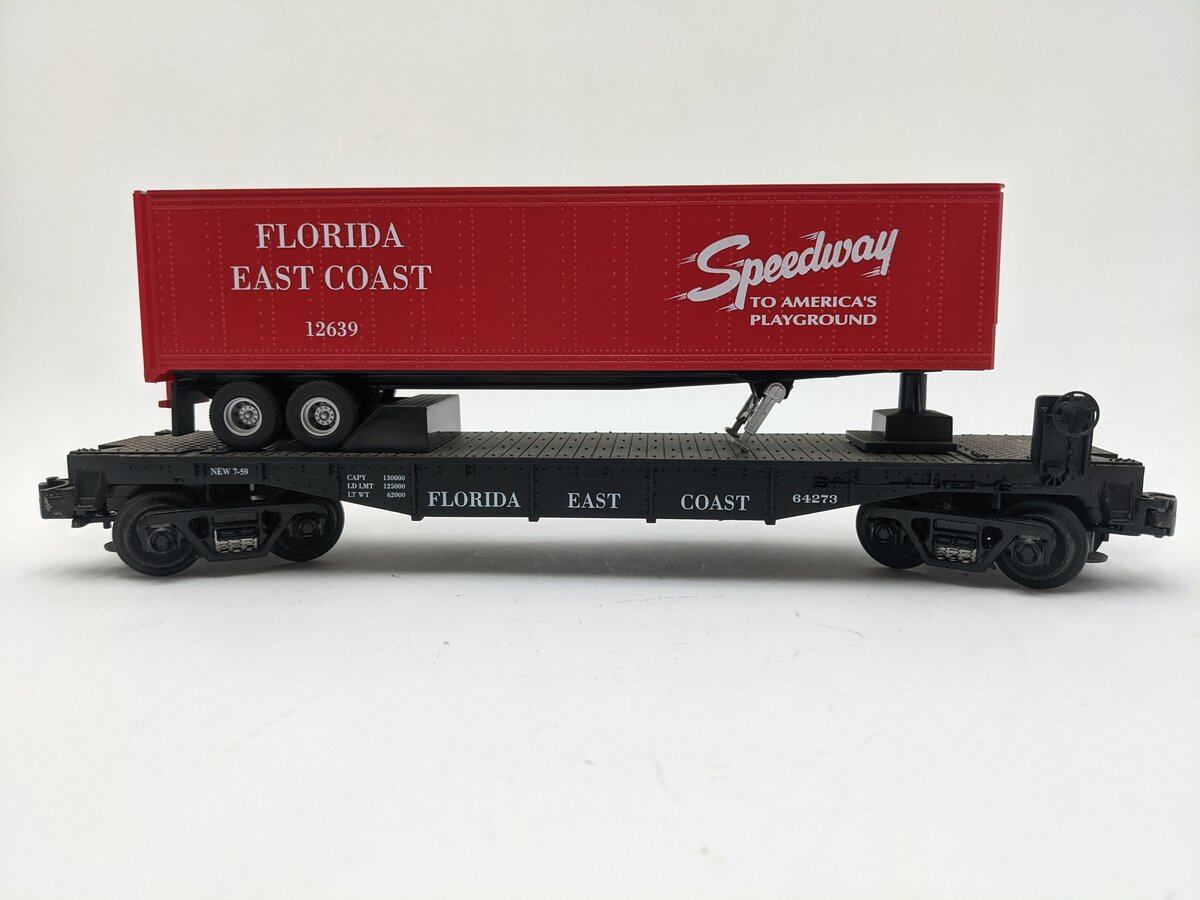 MTH 30-7627 O Gauge Florida East Coast Flatcarwith Trailer #64273 EX