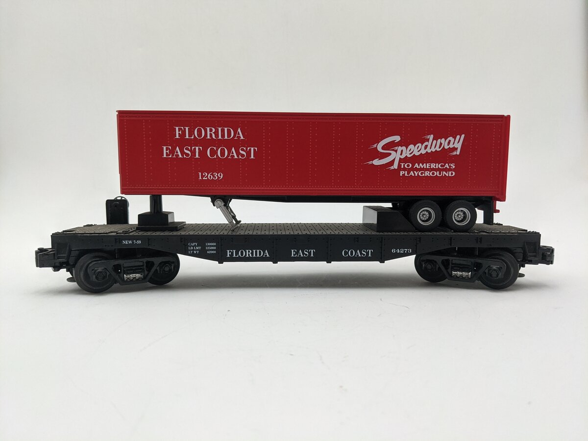 MTH 30-7627 O Gauge Florida East Coast Flatcarwith Trailer #64273 EX