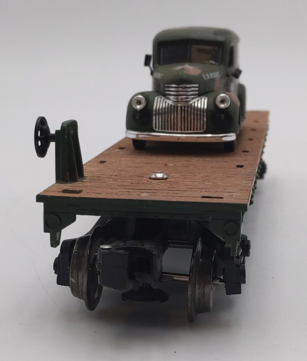 Menards 279-9433 O Gauge Army Flatcar w/ 1947 Power Wagon #3964 VG
