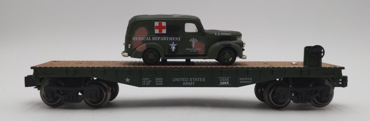 Menards 279-9433 O Gauge Army Flatcar w/ 1947 Power Wagon #3964 VG