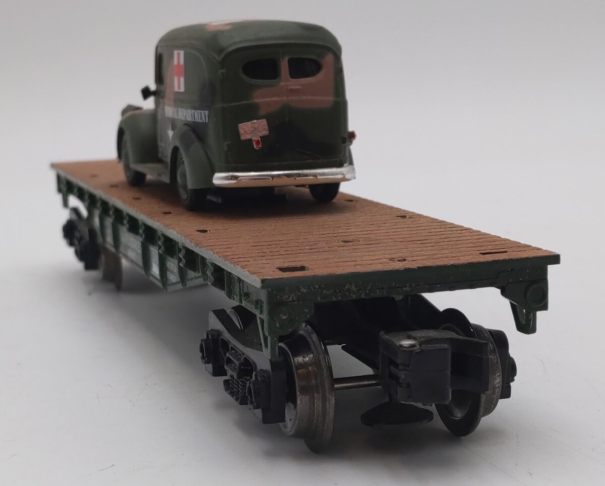 Menards 279-9433 O Gauge Army Flatcar w/ 1947 Power Wagon #3964 VG