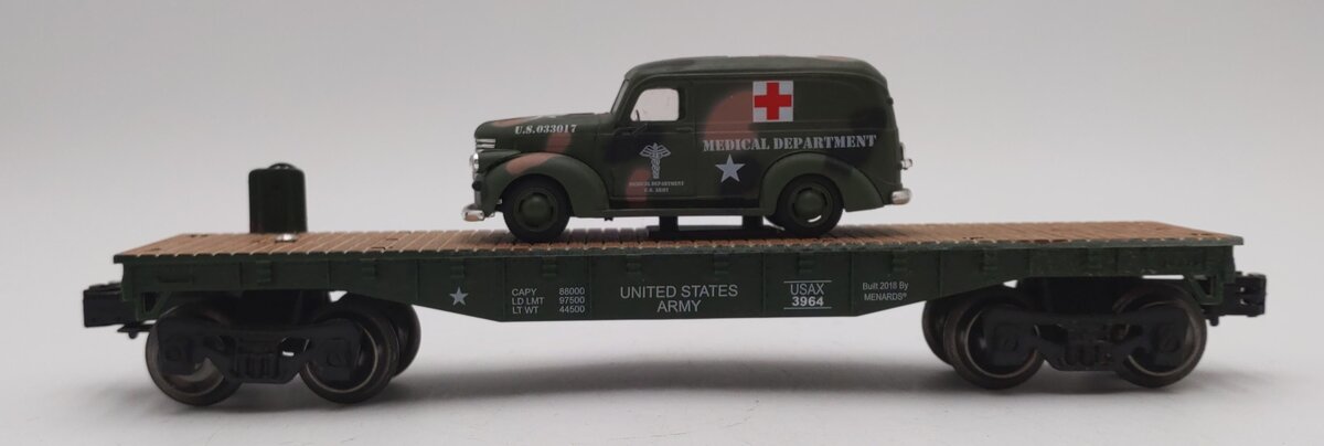 Menards 279-9433 O Gauge Army Flatcar w/ 1947 Power Wagon #3964 VG