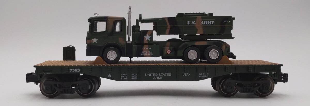 Menards 279-3964 O Gauge US Army Flatcar w/ Army Truck & HIMARS VG