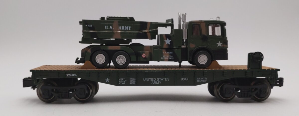 Menards 279-3964 O Gauge US Army Flatcar w/ Army Truck & HIMARS VG