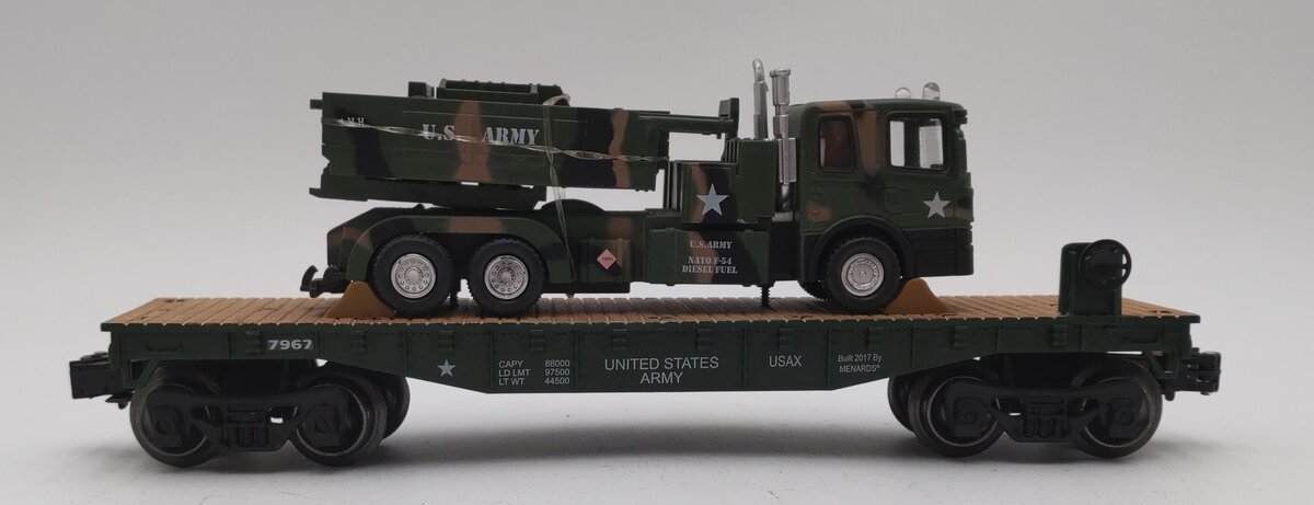 Menards 279-3964 O Gauge US Army Flatcar w/ Army Truck & HIMARS #7967 VG