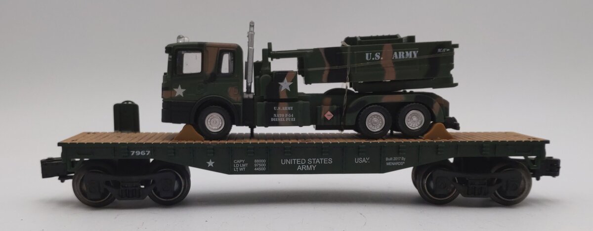 Menards 279-3964 O Gauge US Army Flatcar w/ Army Truck & HIMARS #7967 VG