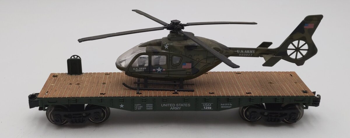 Menards 279-4484 O Gauge US Army Flat Car w/ Helicopter #1259 EX
