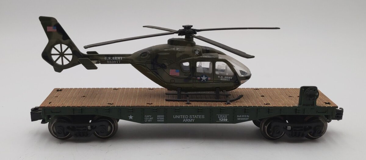 Menards 279-4484 O Gauge US Army Flat Car w/ Helicopter #1259 EX