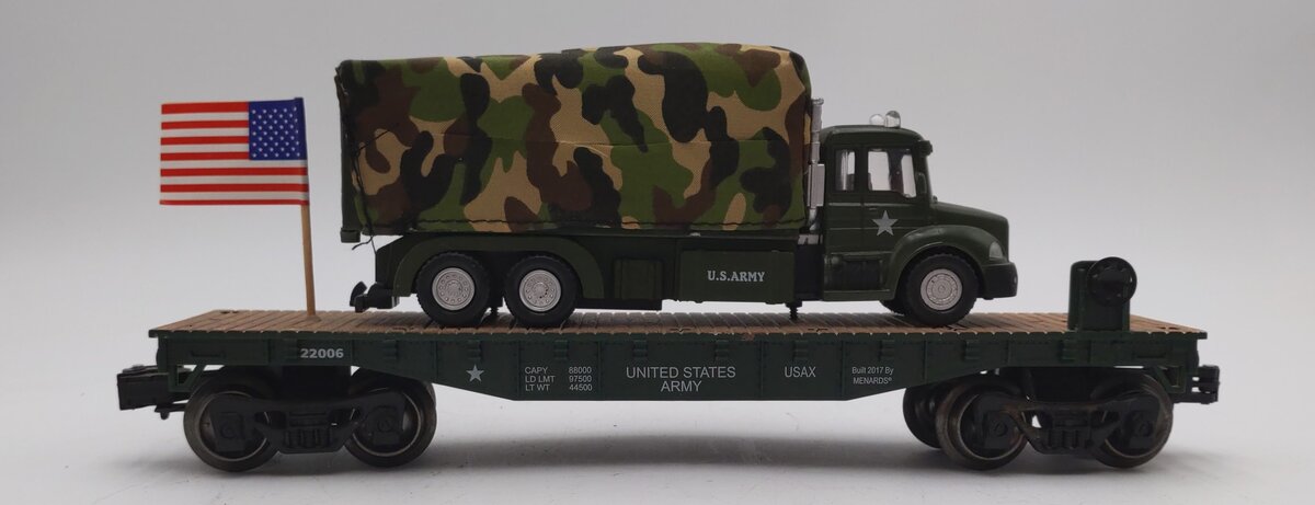 Menards 279-3475 O Gauge US Army Flatcar w/ Army Cargo Truck #22006 EX