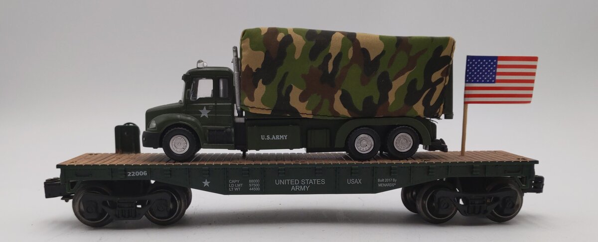 Menards 279-3475 O Gauge US Army Flatcar w/ Army Cargo Truck #22006 EX