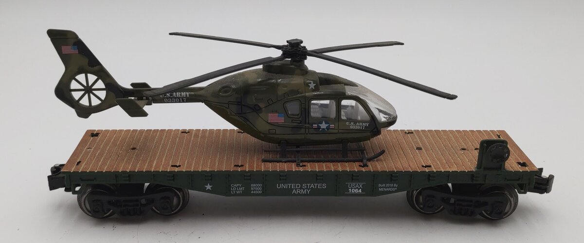 Menards 279-4484 O Gauge US Army Flat Car w/ Helicopter #1064 EX