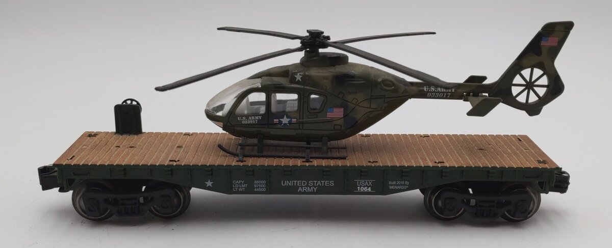 Menards 279-4484 O Gauge US Army Flat Car w/ Helicopter #1064 EX