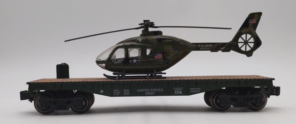Menards 279-4484 O Gauge US Army Flat Car w/ Helicopter #1318 EX