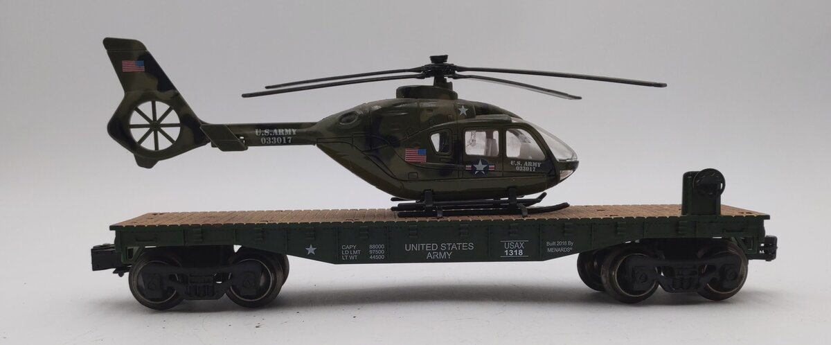 Menards 279-4484 O Gauge US Army Flat Car w/ Helicopter #1318 EX