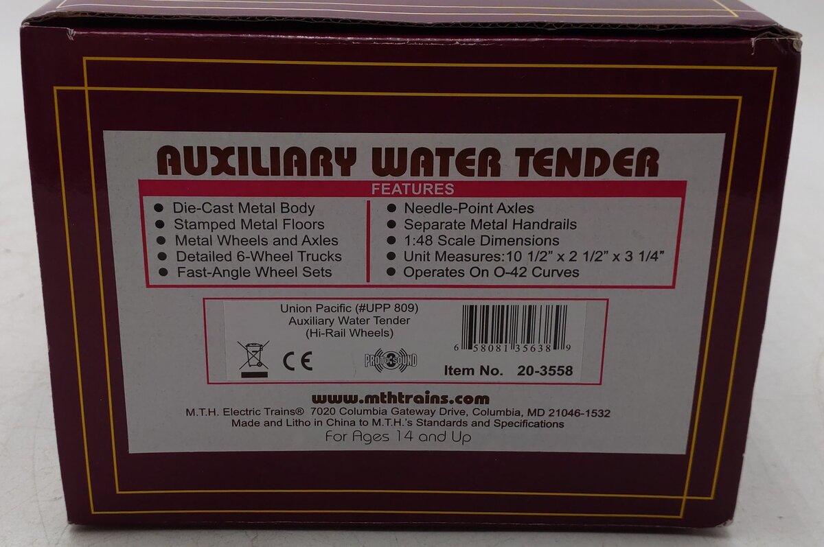 MTH 20-3558 O Gauge Union Pacific Jim Adams Water Tender #809 (Hi-Rail Wheels) EX/Box