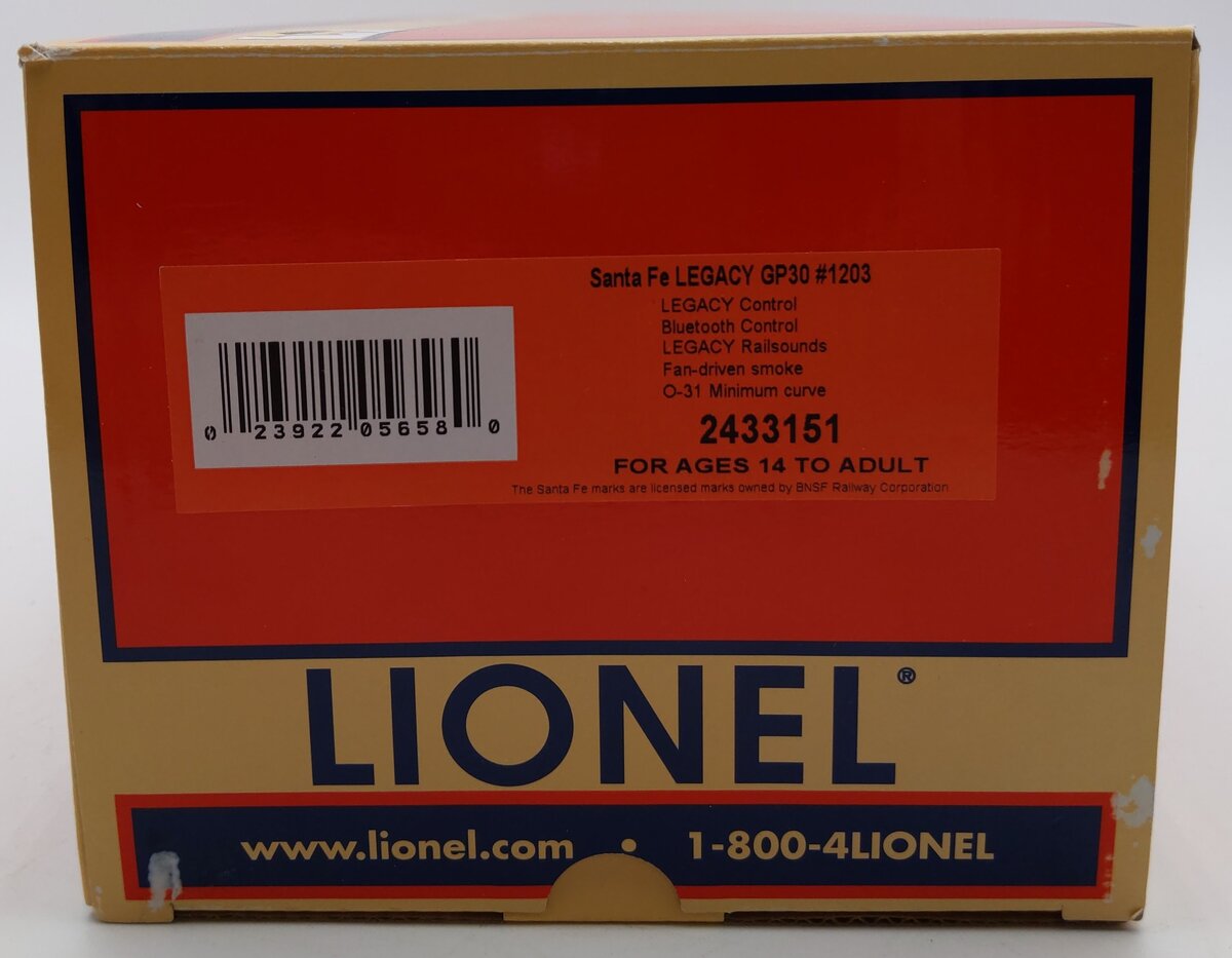 Lionel 2433151 O Gauge Santa Fe Legacy GP30 Diesel Locomotive #1203 LN/Box