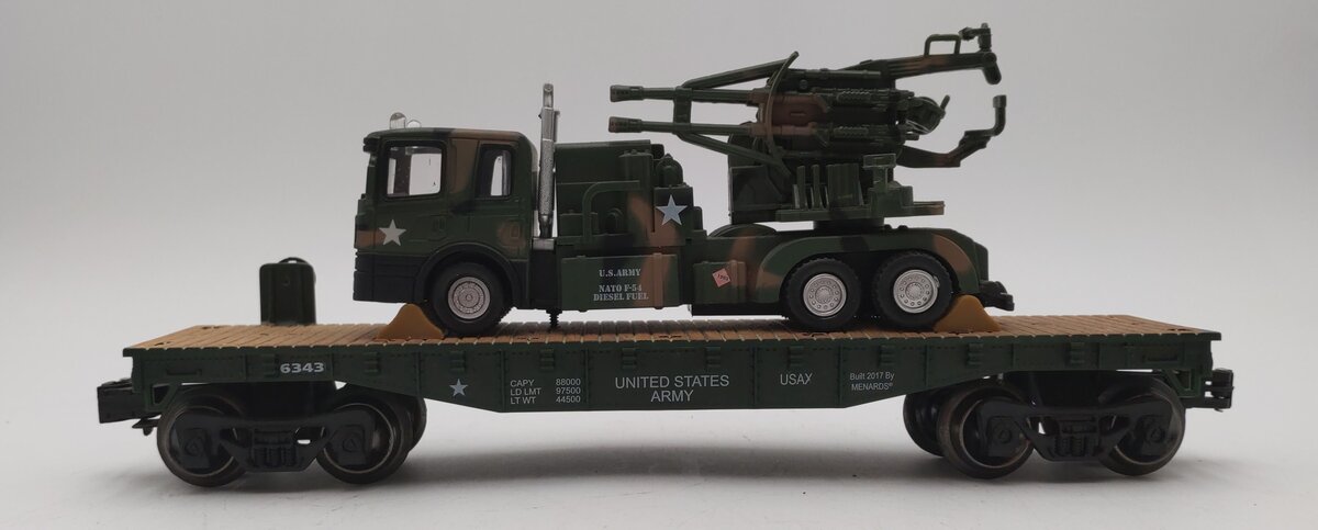 Menards 279-3479 O Gauge US Army Flatcar with Truck & Guns EX