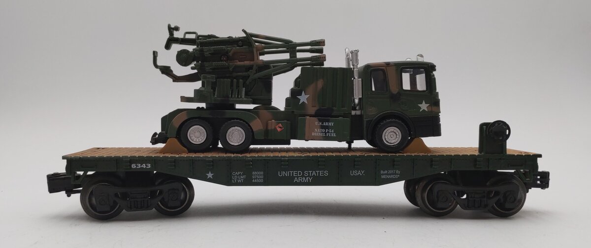 Menards 279-3479 O Gauge US Army Flatcar with Truck & Guns EX