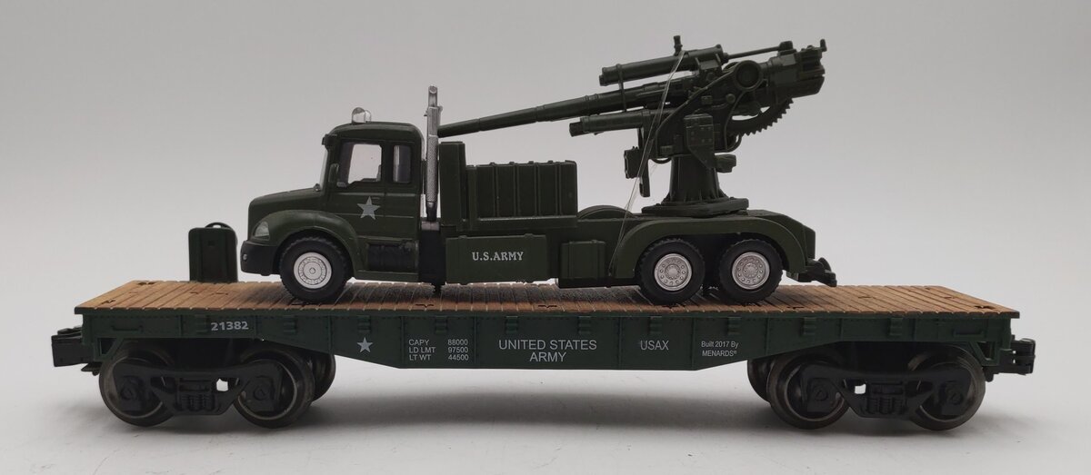 Menards 279-3474 O US Army Flatcar w/ Trucks & Guns #21382 EX