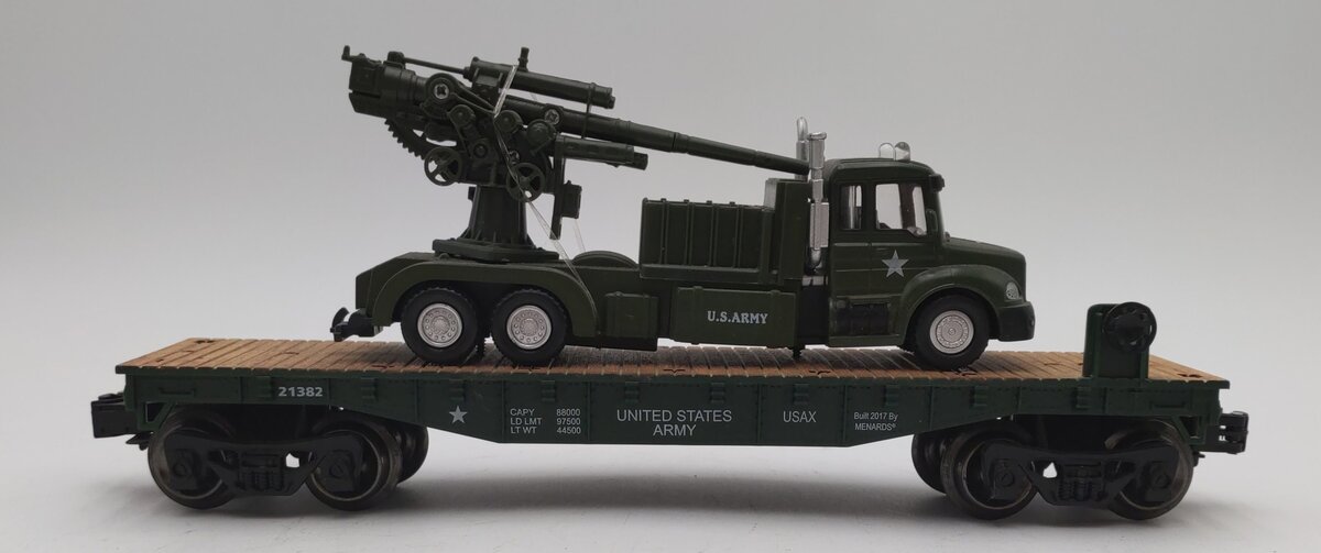 Menards 279-3474 O US Army Flatcar w/ Trucks & Guns #21382 EX