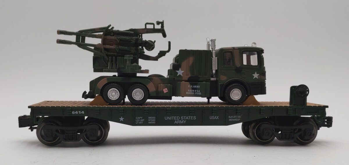Menards 279-3479 O Gauge US Army Flatcar with Truck & Guns #6414 EX