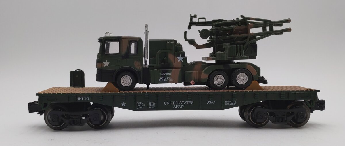 Menards 279-3479 O Gauge US Army Flatcar with Truck & Guns #6414 EX