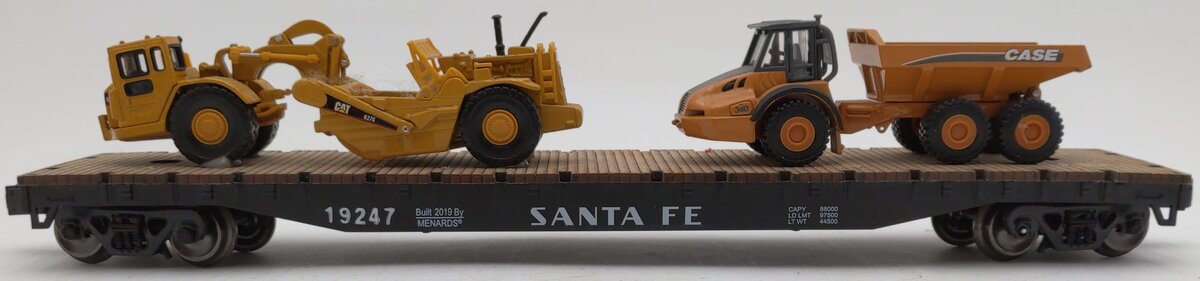 Menards O Gauge Santa Fe Flatcar With Construction Equipment #19247 EX