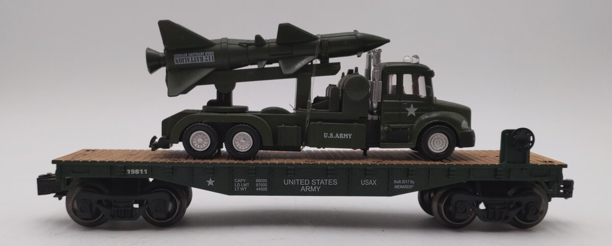 Menards 279-3479 O Gauge US Army Flatcar with Truck & Missile #19811 EX