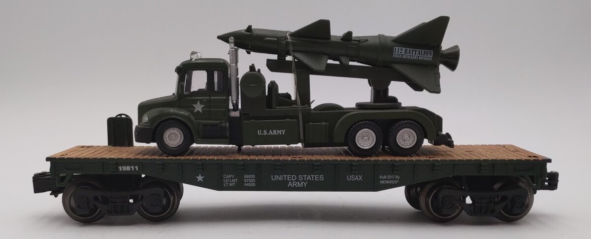 Menards 279-3479 O Gauge US Army Flatcar with Truck & Missile #19811 EX
