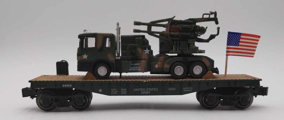 Menards 279-3479 O Gauge US Army Flatcar with Truck & Guns #6603 EX