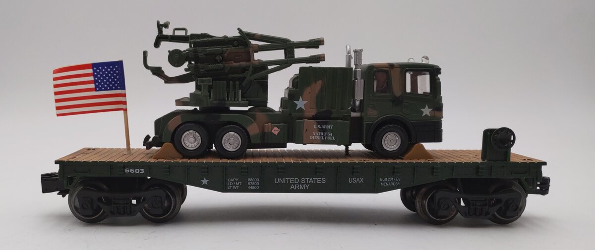 Menards 279-3479 O Gauge US Army Flatcar with Truck & Guns #6603 EX