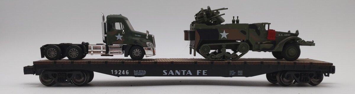Menards 279-3384 O Gauge Army Flatcar w/ Half Track and Semi Tractor #19246 EX